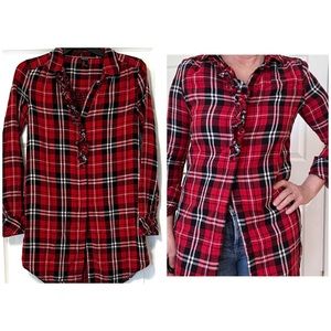 Forever 21 red and black plaid button cotton shirt ruffle S